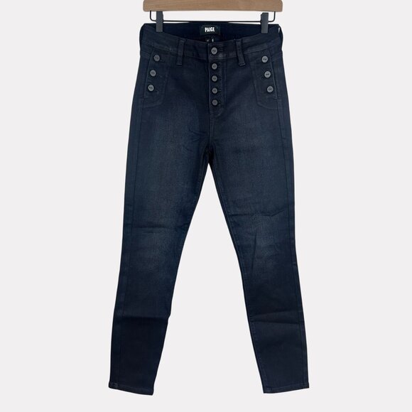Paige Emmie Ankle Luxe Coated Button Fly Skinny Jeans Womens 27 Dark Indigo Blue - Picture 1 of 12